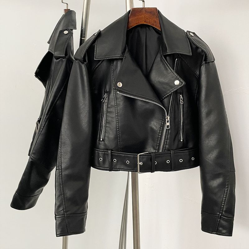 Trendige PU-Lederjacke für Damen, kurzer Mantel im Biker-Stil, modische, lockere Passform, lässige Oberbekleidung mit Reißverschluss in Schwarz, Aschgrau, Olivgrün, Himmelblau, Mandarine_voghion.com