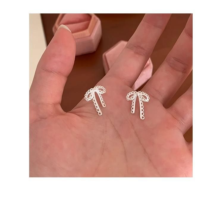 Tiqi S Pure Sier Ballet Style Matte Bow Feminine Temperament, Sweet Lace Fashion Earrings, Trendy_voghion.com