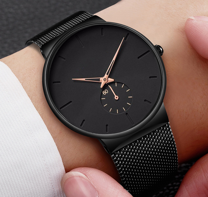 Orologio da uomo minimalista di vendita caldo con cinturino a maglie in lega di maglia a due temperamenti alla moda blu rosso_voghion.com