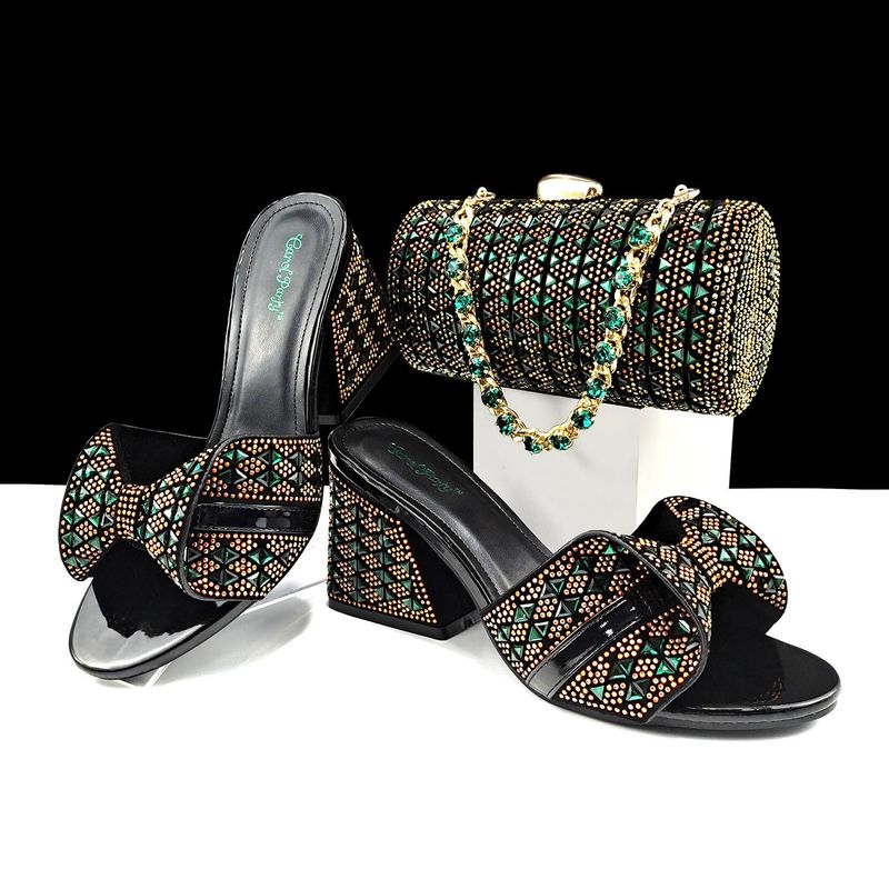 Set di scarpe e borse da donna Pantofole estive con tacco alto Decorazioni in strass color block Borsa cilindrica_voghion.com