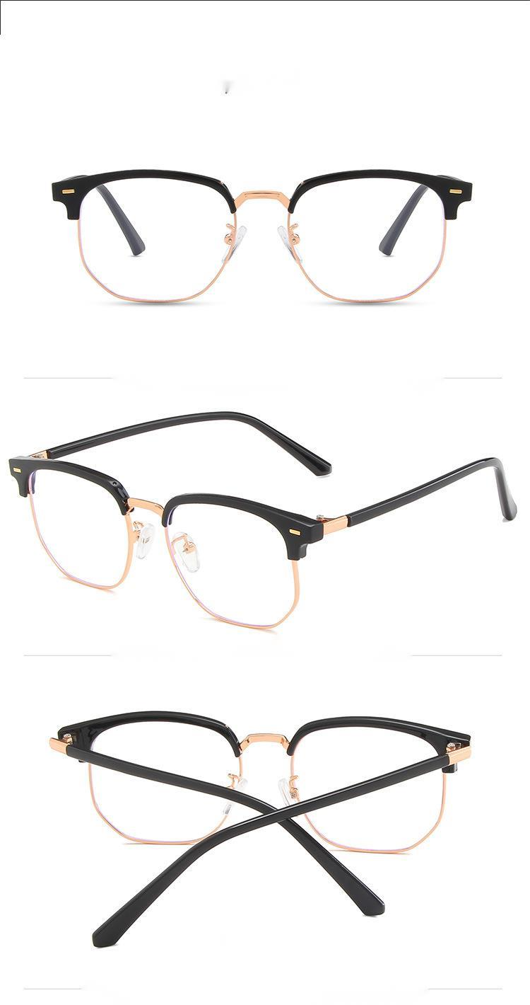 Moderiktiga unisex fyrkantiga enfärgade för män och kvinnor med metallbågar, polygonformade glasögon, mjuka svarta, mot blått ljus_voghion.com