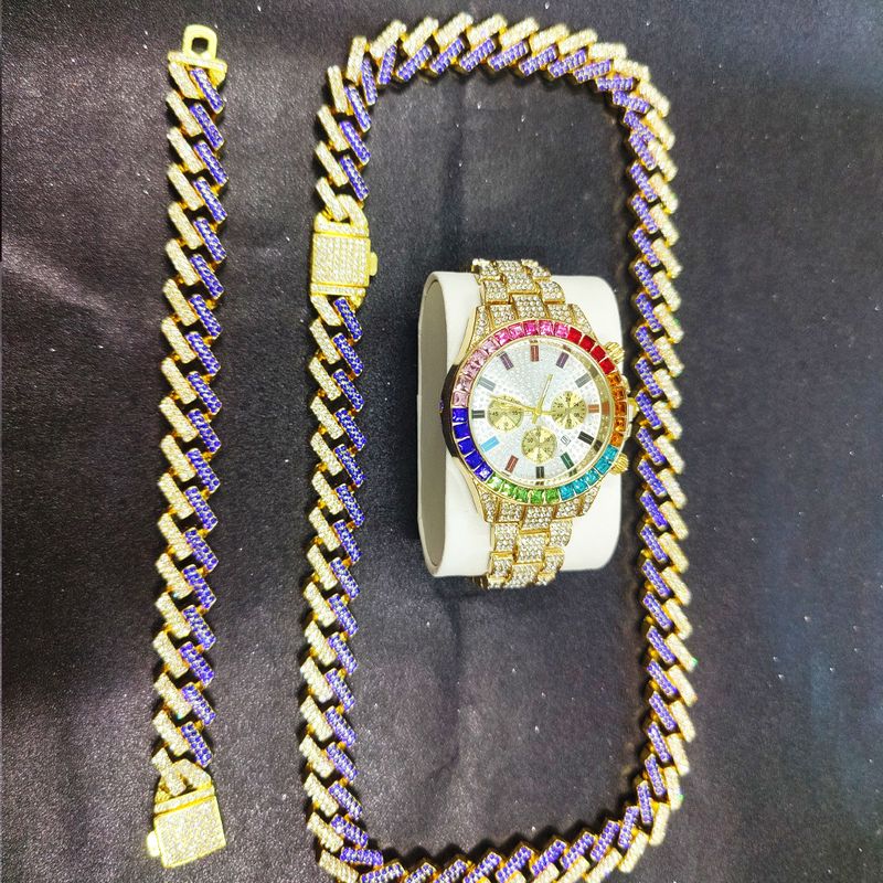 Set regalo con collana e bracciale tempestato di diamanti Hip Hop, set di orologi con catena cubana_voghion.com