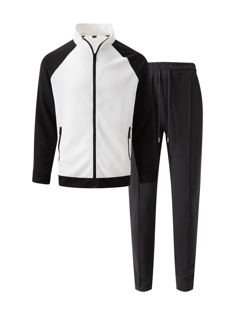 Completo da uomo con giacca e pantaloni in maglia a nido d'ape con cerniera - Abbigliamento casual da salotto con tasche a contrasto e colletto rialzato_voghion.com