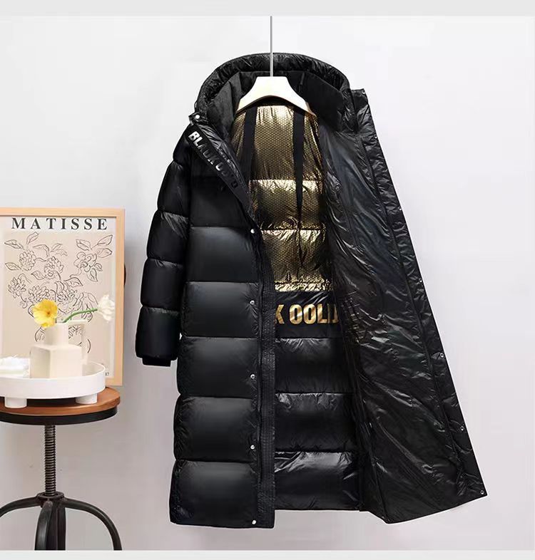 Paar Unisex 2023 Neue glänzende No Wash Schwarz Gold lange lose kniehohe dicke weiße Entendaunenjacke Trendy_voghion.com