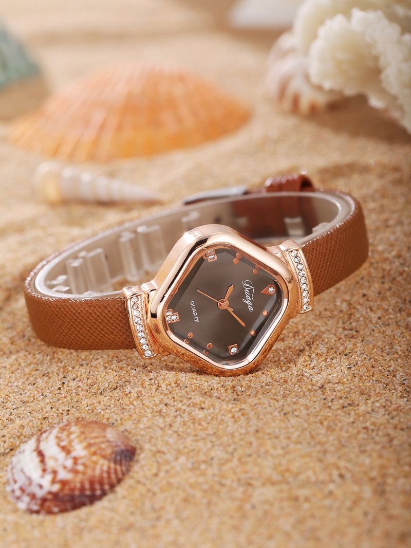 Damenuhr und Schmuckset, zartes süßes quadratisches Zifferblatt, Gürteluhr, Perlenarmband, Legierung, Schmetterlingsschmuckset_voghion.com