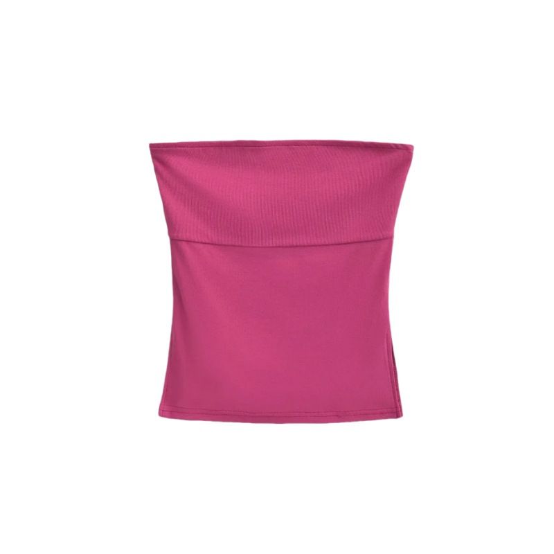 Top de doble abertura con dobladillo 24 HGZ para mujer, color liso, sin tirantes, corte ajustado._voghion.com