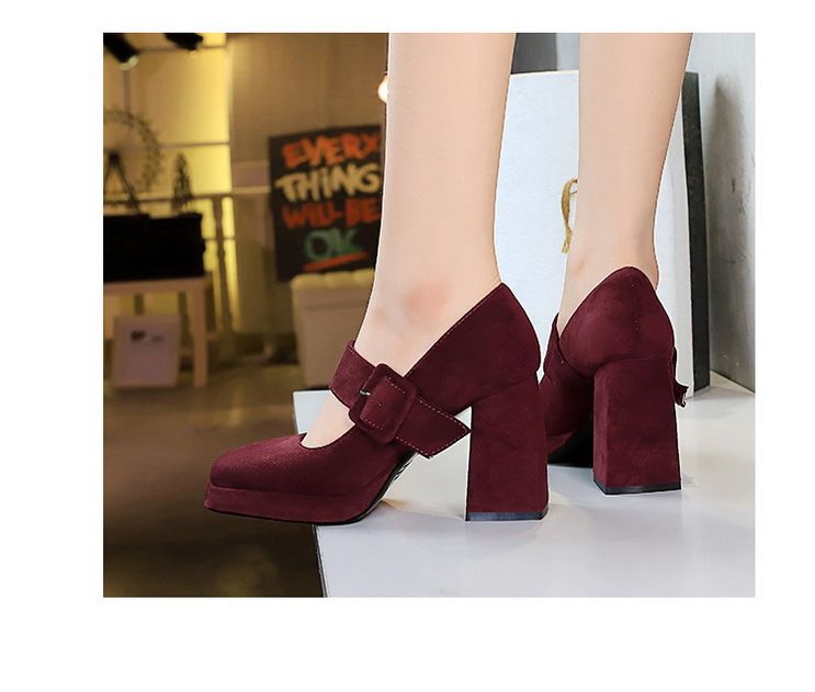 9613-6 style high thick heels, waterproof platform, suede, straight line with belt buckle, shallow mouth Mary Jane_voghion.com