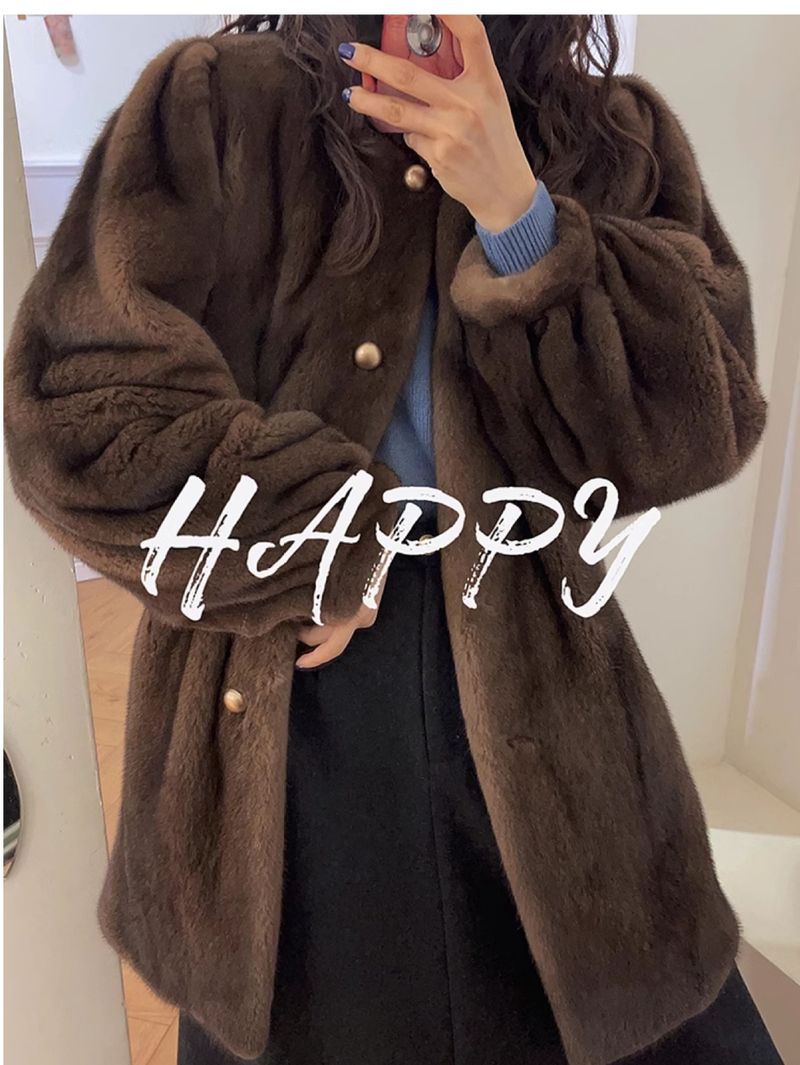 Cappotto in pelliccia sintetica di visone ecologica da donna - Giacca in peluche di media lunghezza in caffè e panna (S-L) | Ispirata al vintage e adatta all'inverno_voghion.com