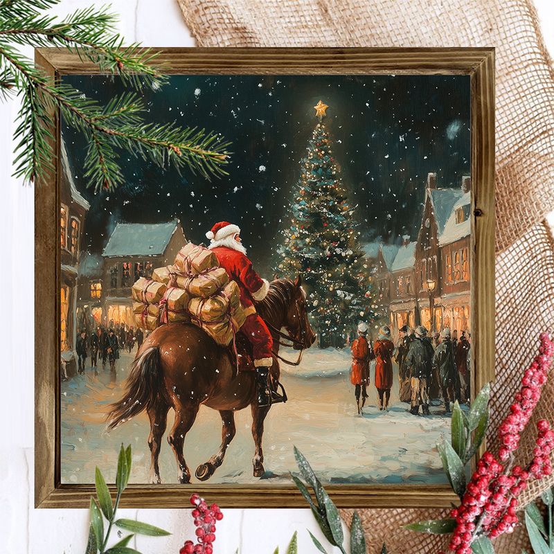 8x8" Wooden Cowboy Santa Wall Art - Festive Western Santa Riding Horse Under Stars. Unique Farmhouse Christmas Decor._voghion.com