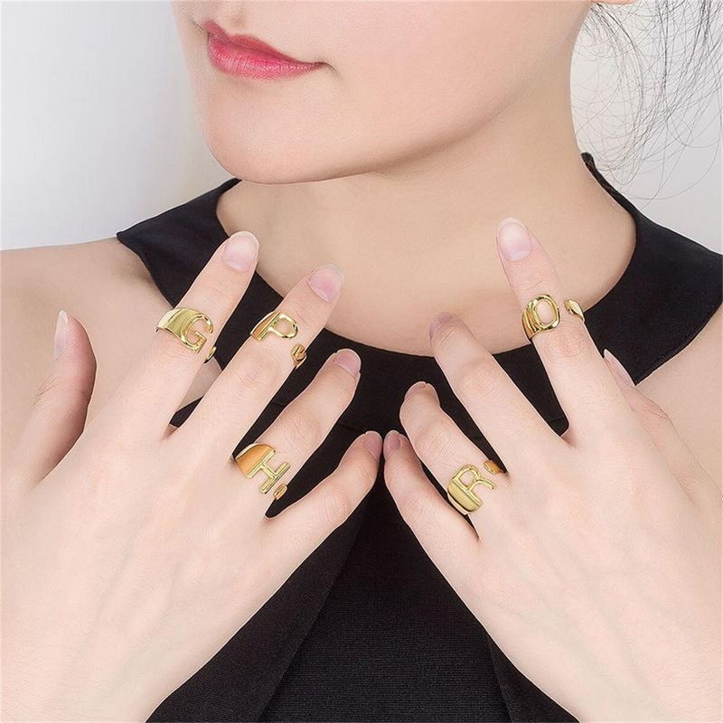 GUTS - Juego de 26 anillos unisex con el alfabeto "Valentía", abiertos, de cobre, plata y oro._voghion.com