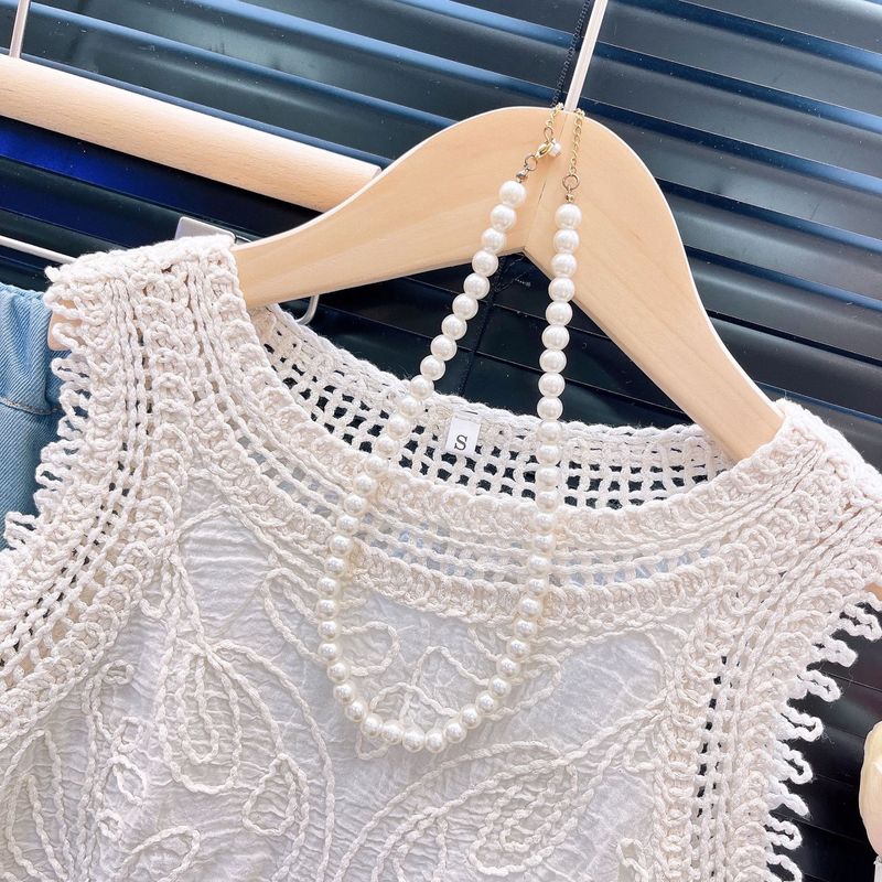Abbigliamento estivo per bambine, set di moda, top in pizzo lavorato a maglia, jeans con nappe, due pezzi._voghion.com