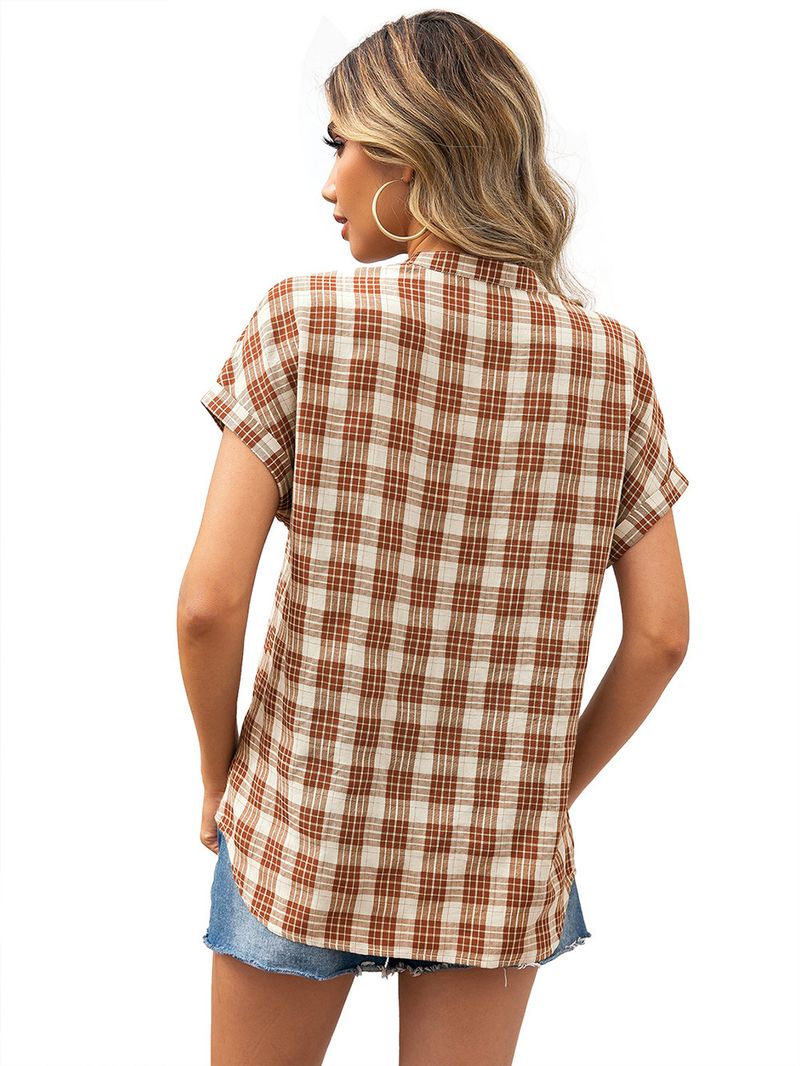 Casual geruit overhemd met V-hals en korte mouwen Smoking geruit overhemd top dames_voghion.com