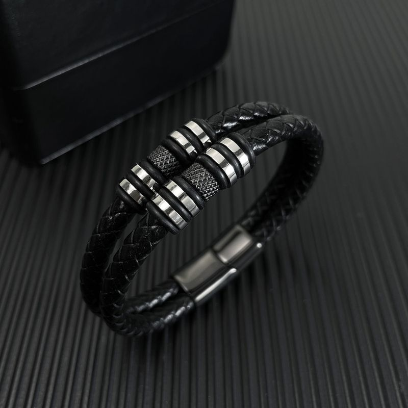 Pulsera de cuero tejida a mano negra con personalidad para hombre_voghion.com