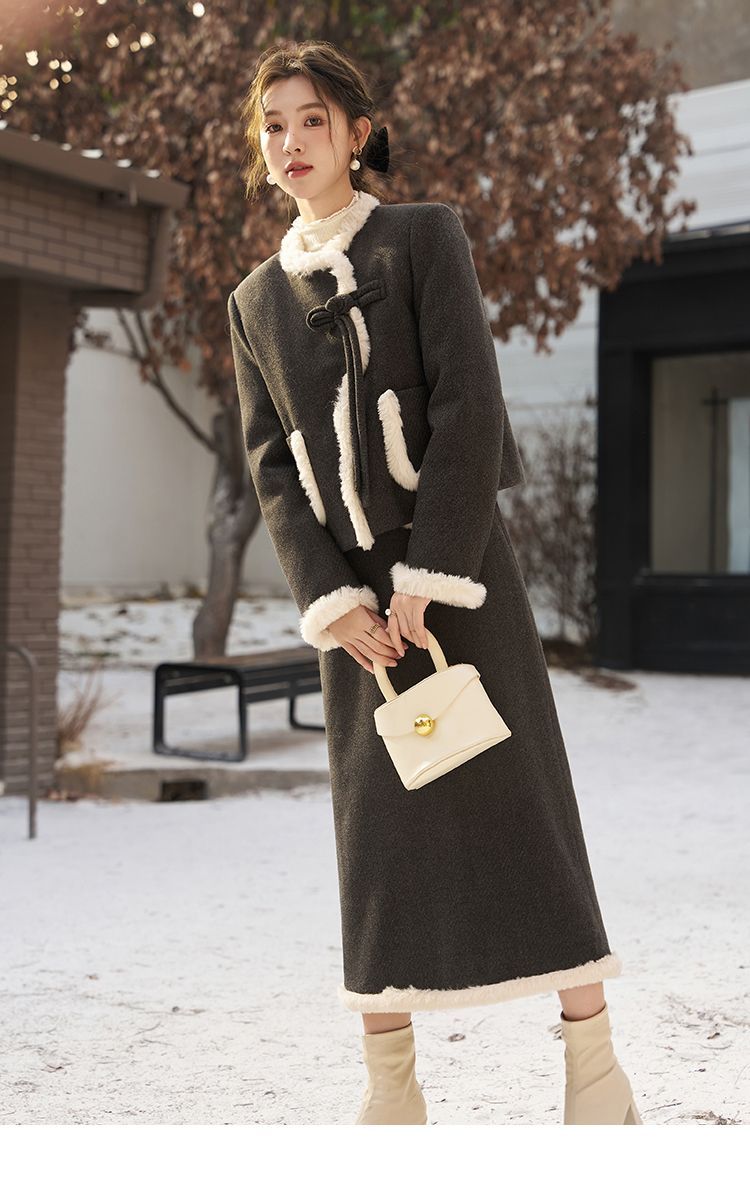 Chinese Two-Piece Set Autumn Winter Little Style Plush Patchwork Jacket + Skirt New Year Battle Robe_voghion.com