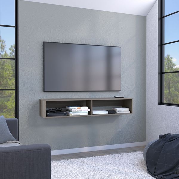 Warrior 59' Floating Tv Stand With Two Open Shelves, Media Compartments And Cable Management Light Gray_voghion.com