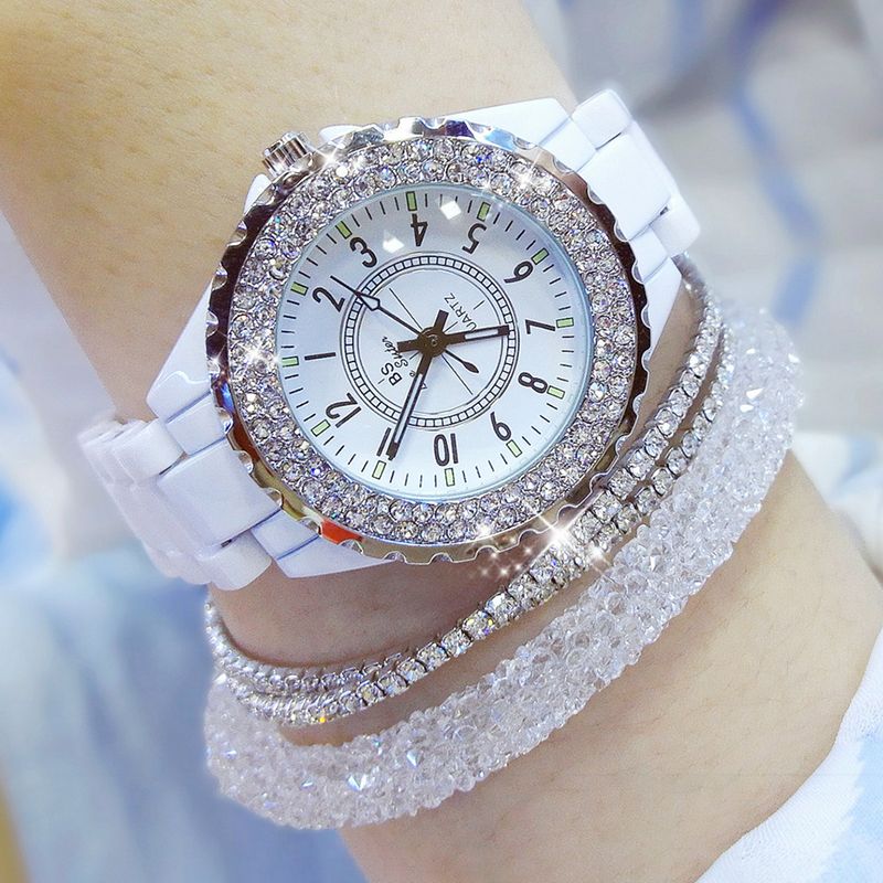 Yamaler elegante diamantes de imitación cerámica banda mujeres redondo analógico cuarzo reloj de pulsera regalo_voghion.com