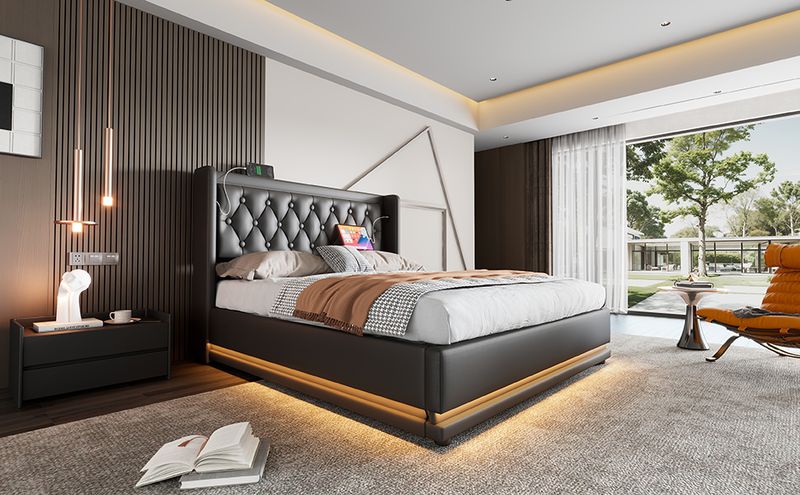 Lit double 160 x 200 cm, matelas en polyuréthane noir, lit coffre hydraulique avec chargement USB Type-C et éclairage LED sur 3 côtés, tête de lit rembourrée (matelas inclus)._voghion.com