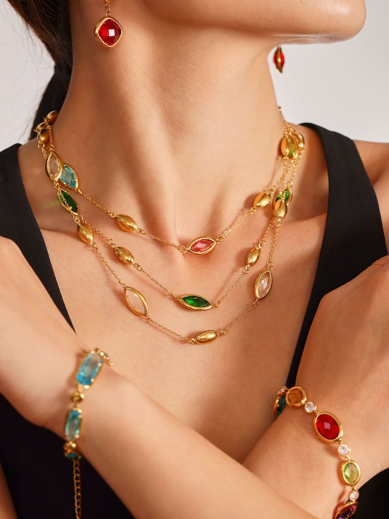 Collana in pietra di vetro colorato bohémien quadrata, collana in acciaio inossidabile alla moda, leggera, lussuosa, semplice ed elegante._voghion.com