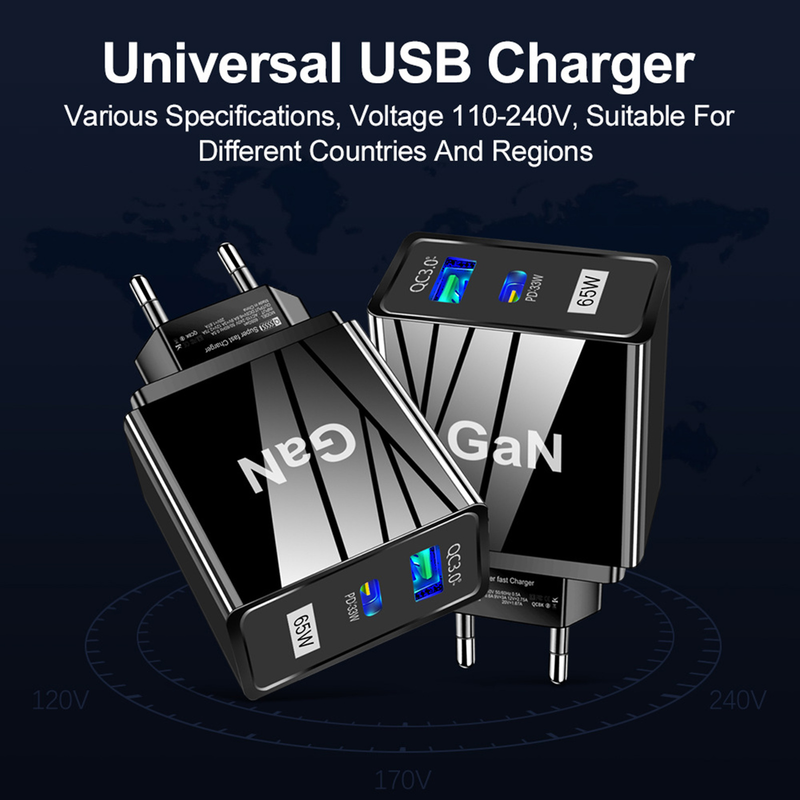 Hitech 65W mobiliojo telefono įkroviklis, didelio galingumo antipirenas, patogus PD QC3.0 JAV/ES/JK standartinis kištukas universalus USB įkroviklio adapteris_voghion.com
