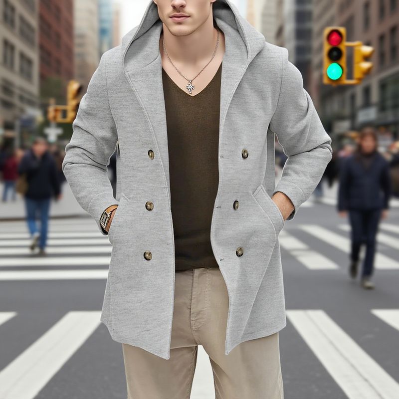 Autumn Solid Color Mid-Length Double-Breasted Trench Coat Men's Casual Turn-Down Collar Hooded Overcoat_voghion.com