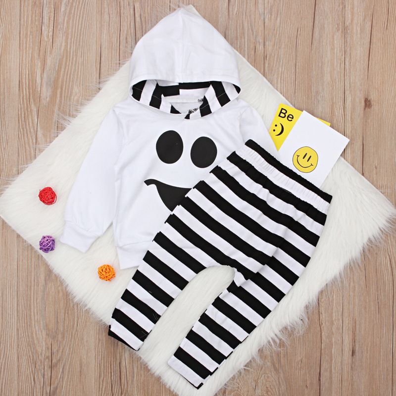 Completo a due pezzi a maniche lunghe con stampa di faccine sorridenti di Halloween per bambini - Felpa con cappuccio e pantaloni in cotone a righe per bambini piccoli (80-120 cm)_voghion.com