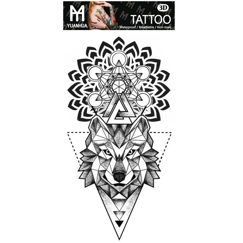 Tatuagem falsa temporária à prova d'água, braço masculino, feminino, cabeça de lobo humano, totem, texto árabe, descartáveis, adesivos falsos, femininos_voghion.com
