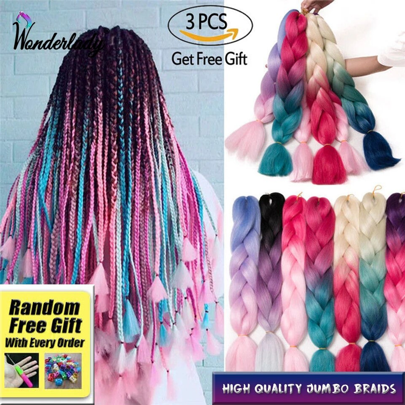 WonderLady Synthetik-Extensions, 61 cm lang, bunt, Ombre-Flechthaar, rosa, orange, blond, Jumbo-Box-Zöpfe_voghion.com