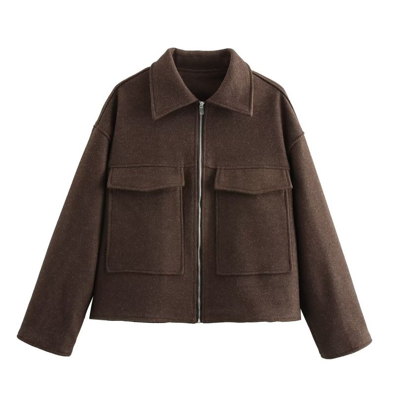 Trendige Jacke aus Wollmischung mit Reißverschluss – Stylischer Tweedmantel für Damen mit Taschen, Streetwear-Chic (Weinrot, Grau, Kaffeebraun, S-L)_voghion.com