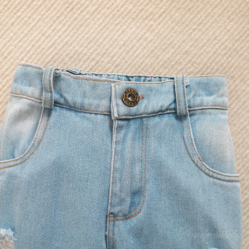 Småjenteklær Fasjonable jentedresser Nye sommerklær Jentekjoler med bare skuldre Ripped Jeans Dress med to deler_voghion.com
