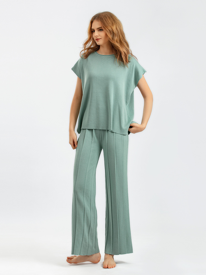 Chaleco sin mangas de color liso para mujer, suéter, pantalones de pierna ancha, traje de seda de hielo de talla grande_voghion.com