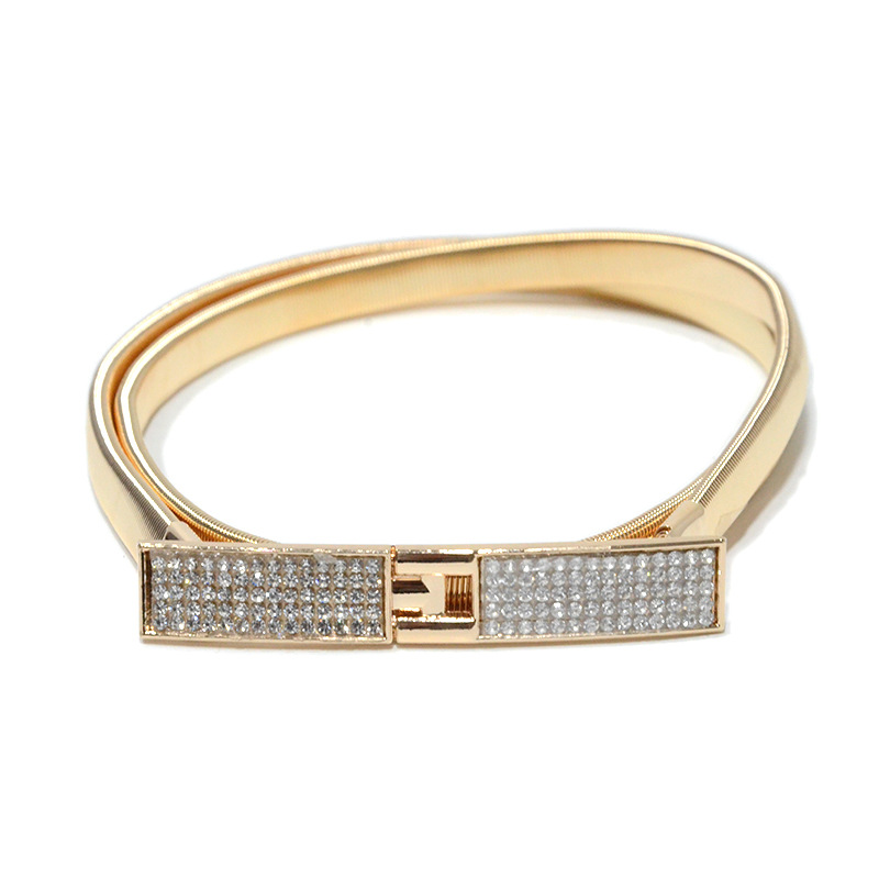 Women's Elastic Chain, Women's Casual And Fashionable Rhinestone Inlaid Buckle Metal Thin Waist Belt_voghion.com