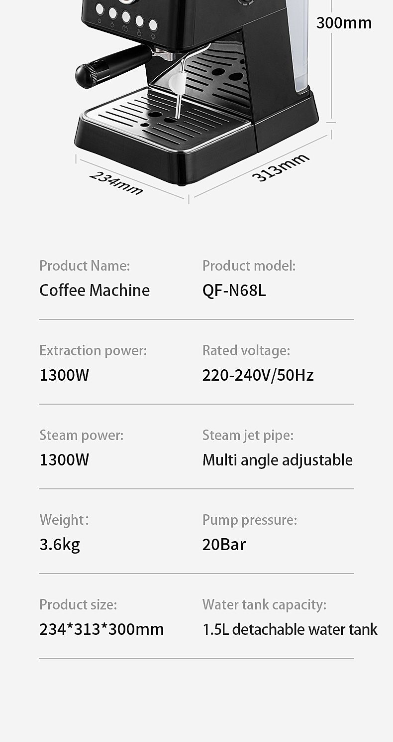 Macchina per caffè espresso semiautomatica per casa e ufficio, design compatto con montalatte a vapore, estrazione a pressione da 15 bar, serbatoio dell'acqua da 1,8 l_voghion.com