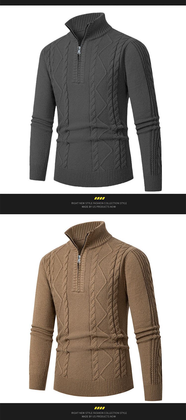 Maglione casual a maniche lunghe con mezza zip, in maglia lavorata a trecce, da uomo, per l'inverno (nero, grigio scuro, caffè, cachi)_voghion.com
