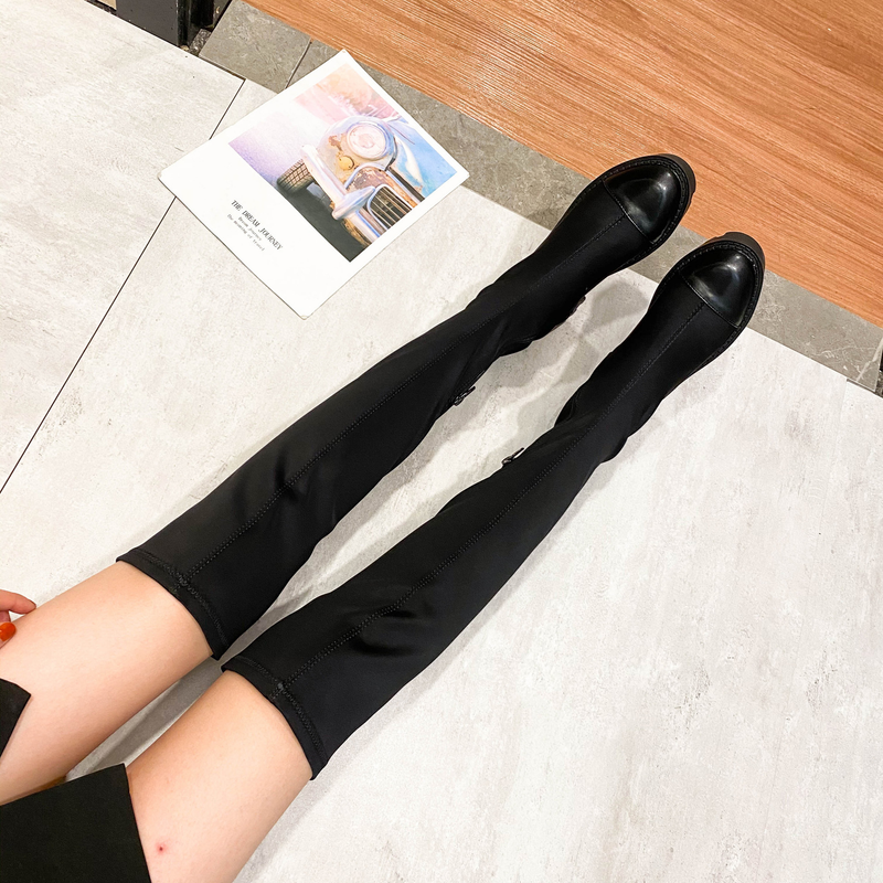 Otoño Invierno botas por encima de la rodilla botas de mujer punta redonda de cuero patchwork tubo largo botas mujer tacones medios-altos plataforma_voghion.com