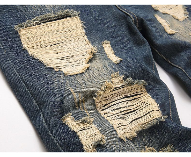 Abbigliamento da uomo Jeans strappati, larghi e dritti, non elasticizzati, Pantaloni in denim blu strappati da uomo_voghion.com