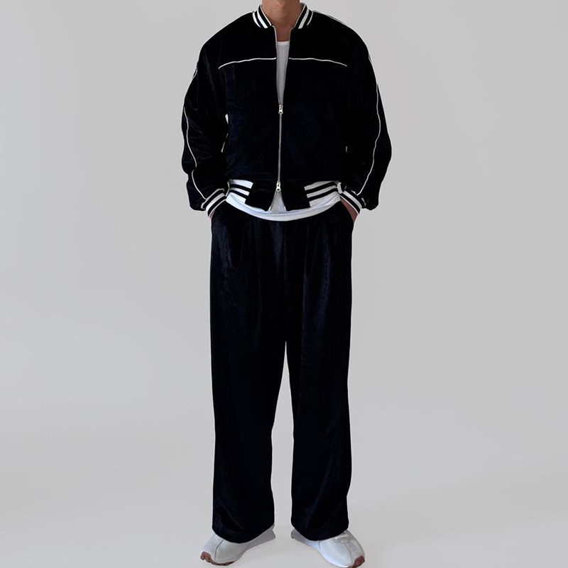 Men’s Two-Zip Track Jacket & Jogger Pants Set – Breathable Poly-Cotton Blend Activewear For Gym & Street Style (S-XXXL, Black/Dark Brown)_voghion.com