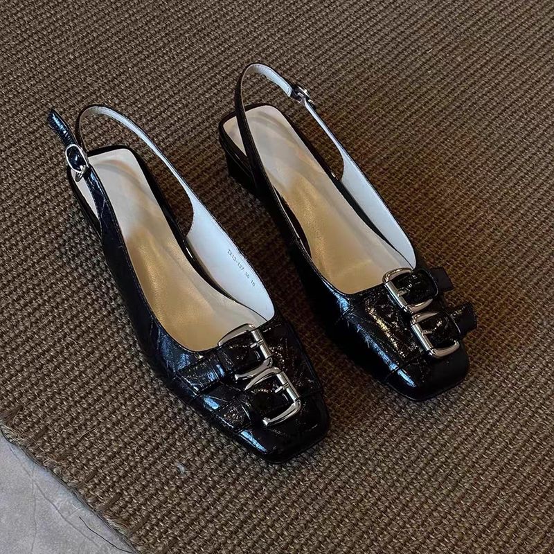 Rindsleder-Version ~ Geschlossene Zehenpartie mit klobigem Absatz und hohen Absätzen, quadratische Zehenpartie, Schnallen-Design, Sandalen für den Sommer, neuer Stil_voghion.com