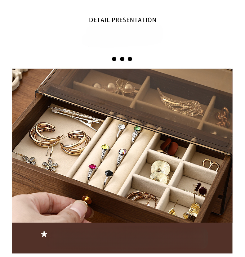 Joyero multifuncional tres en uno de madera maciza con cajón, color nogal, resistente al polvo y a la humedad._voghion.com