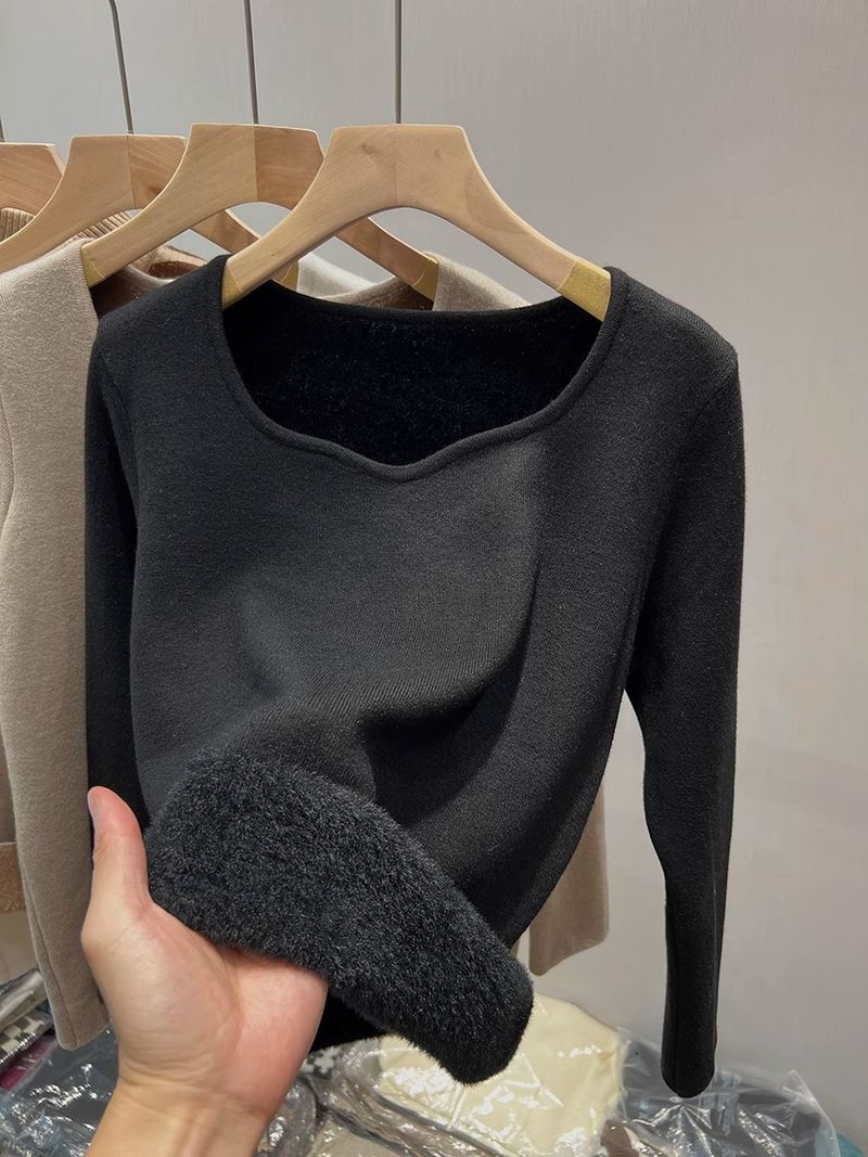 Women's Fleece-Lined Knit Sweater Thermal V-Neck Base Layer Winter Warm Turtleneck Pullover Soft Comfy Casual Slim Fit Long Sleeve Top_voghion.com