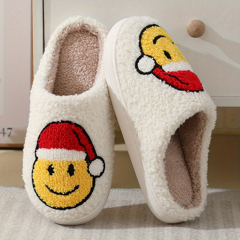 Damen-Hausschuhe mit Kawaii-Cartoon-Smiley, bequeme Schlupfschuhe mit Plüschfutter, warme Hausschuhe für Damen_voghion.com