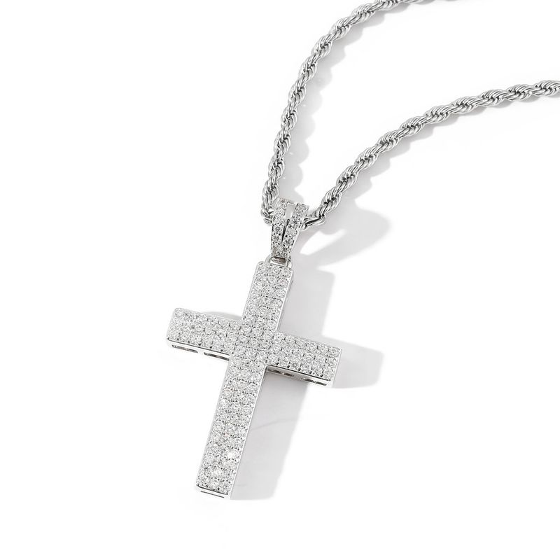 Collar con colgante de cruz de circonita de tres filas para hombre, estilo hip hop, accesorios populares de hip hop de moda para hombre._voghion.com