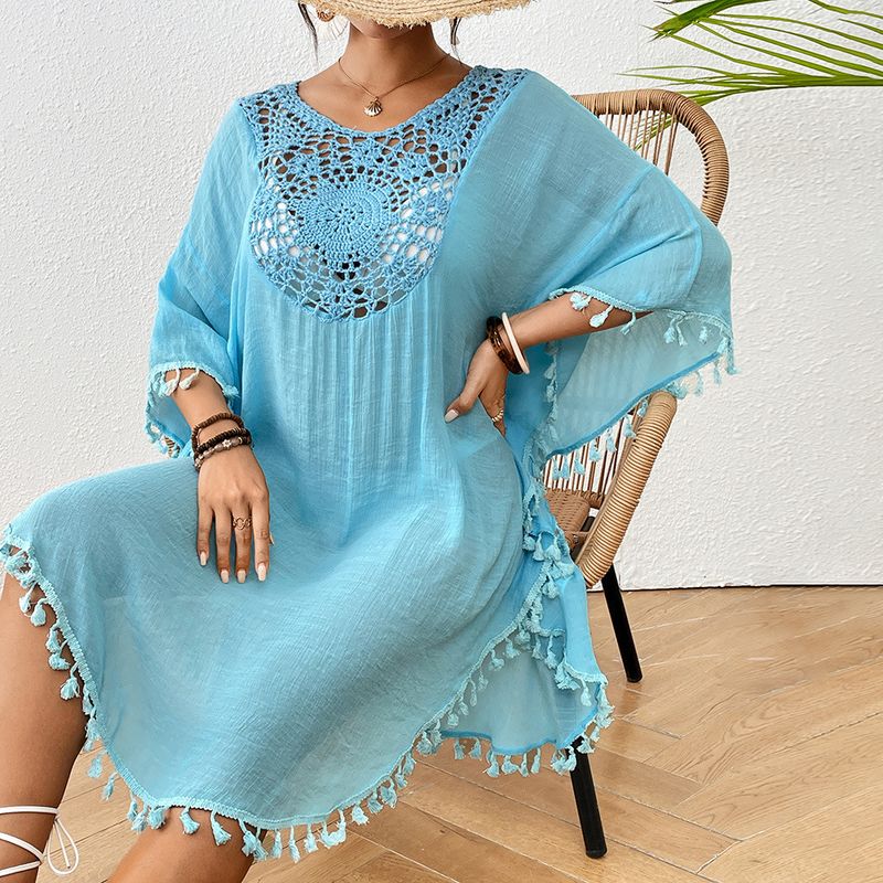 Crochet-Trimmed Polyester Beach Cover-Up – Flowy & Sexy Bikini Wrap For Vacation & Swim (One Size) – Lightweight & Stylish_voghion.com