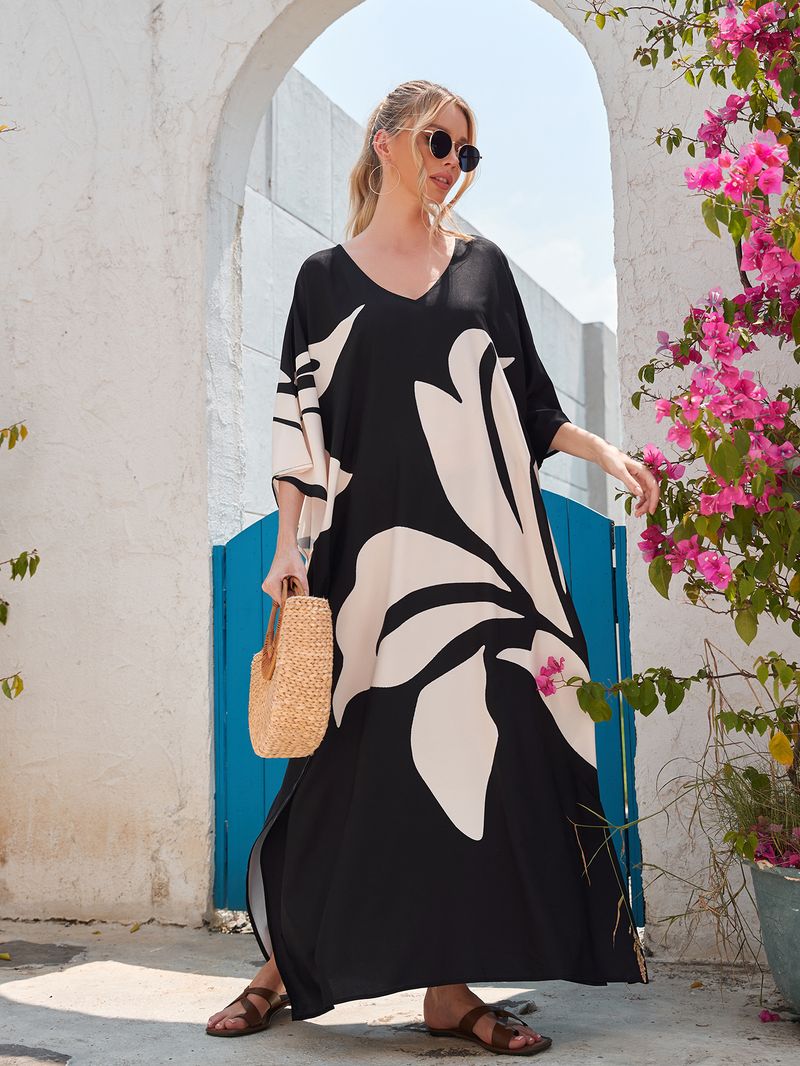 Überwurfkleid mit Fledermausärmeln im Bohemian-Print – Leichter Strandkimono für Damen, Bikini-Wickeltuch, Urlaubstunika in Übergröße, schnelltrocknendes Polyester_voghion.com