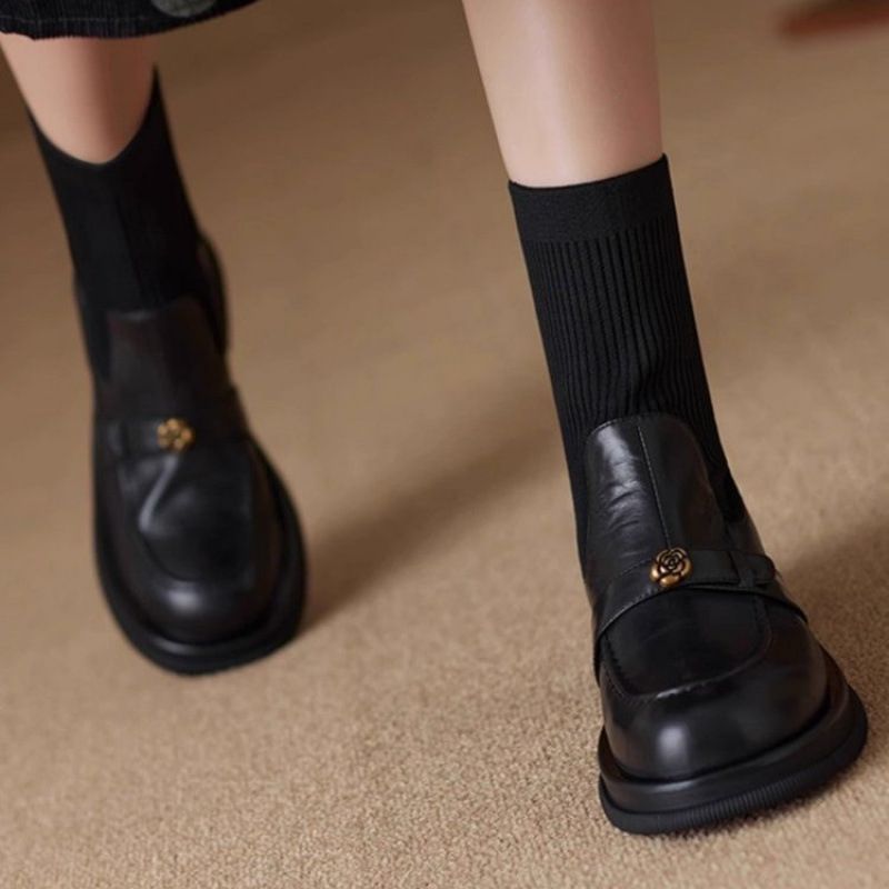 Martin für Damen, Herbst und Winter, dicke Sohle, kurze gestrickte Stretch-Sockenstiefel, kleine Lederschuhe mit klobigem Absatz,_voghion.com