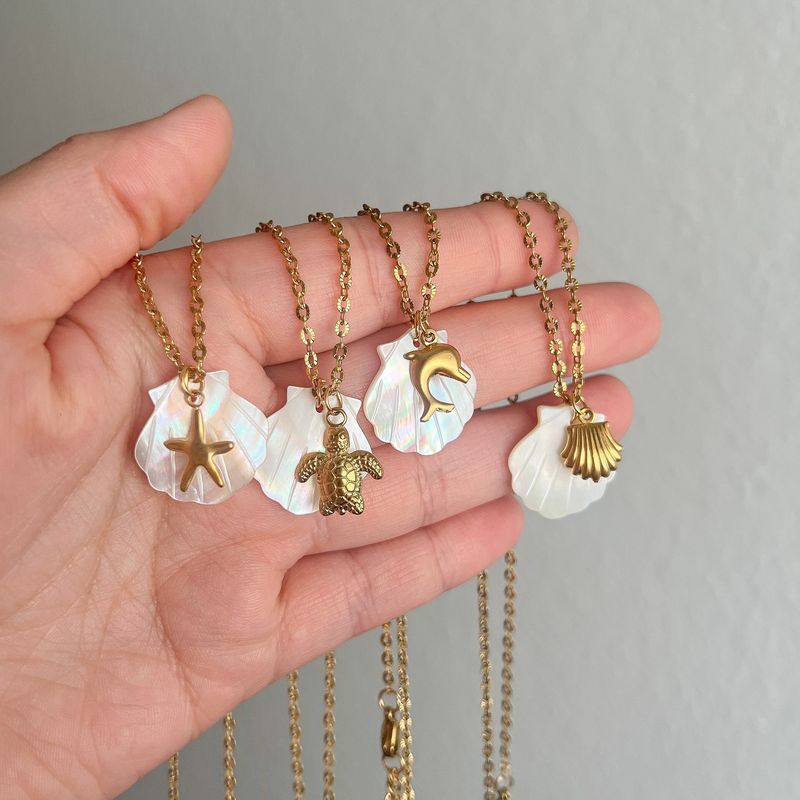 Collana in acciaio con ciondolo a forma di stella marina da spiaggia, ad alta ritenzione del colore, stile conchiglia, fai da te, placcata_voghion.com