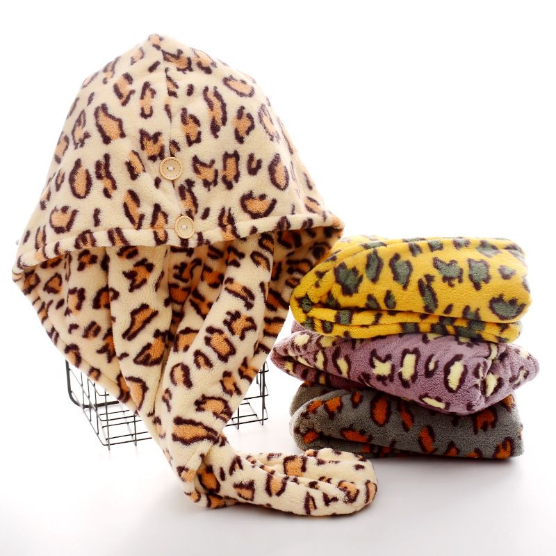 Double Sided Printed Leopard Microfiber Thickened Absorbent Dry Hair Cap_voghion.com