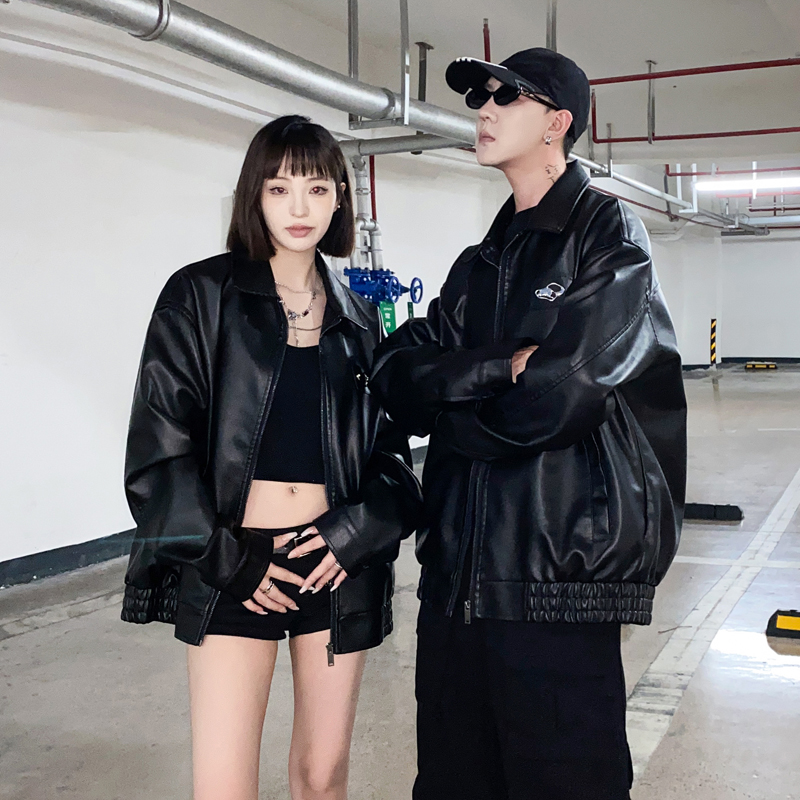 Autumn and winter motorcycle PU couple solid color leather jacket 507-2-PY6807-P80_voghion.com