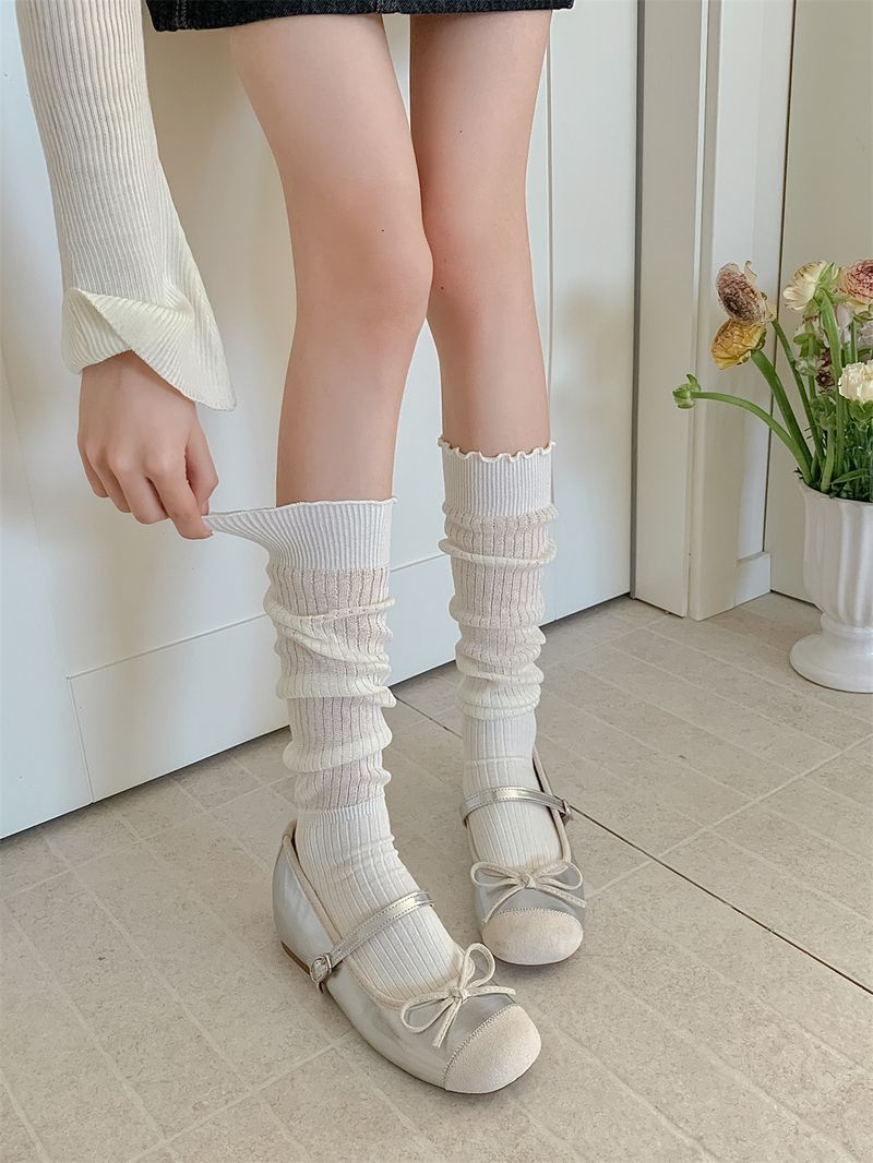Spring And Summer Bamboo Cotton Calf For Children, Miu Style Wind Wood Ear Hollow Mesh Legs Shaping Women's Pile Socks_voghion.com