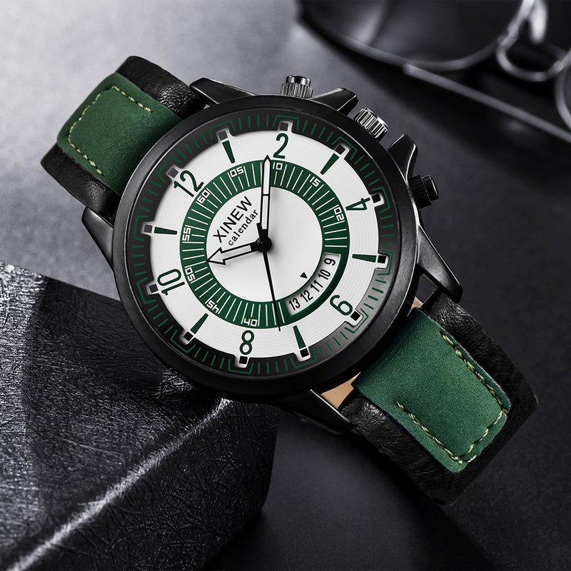 XINEW Märkesklockor Herr Läder Datum Quartz Armbandsur_voghion.com