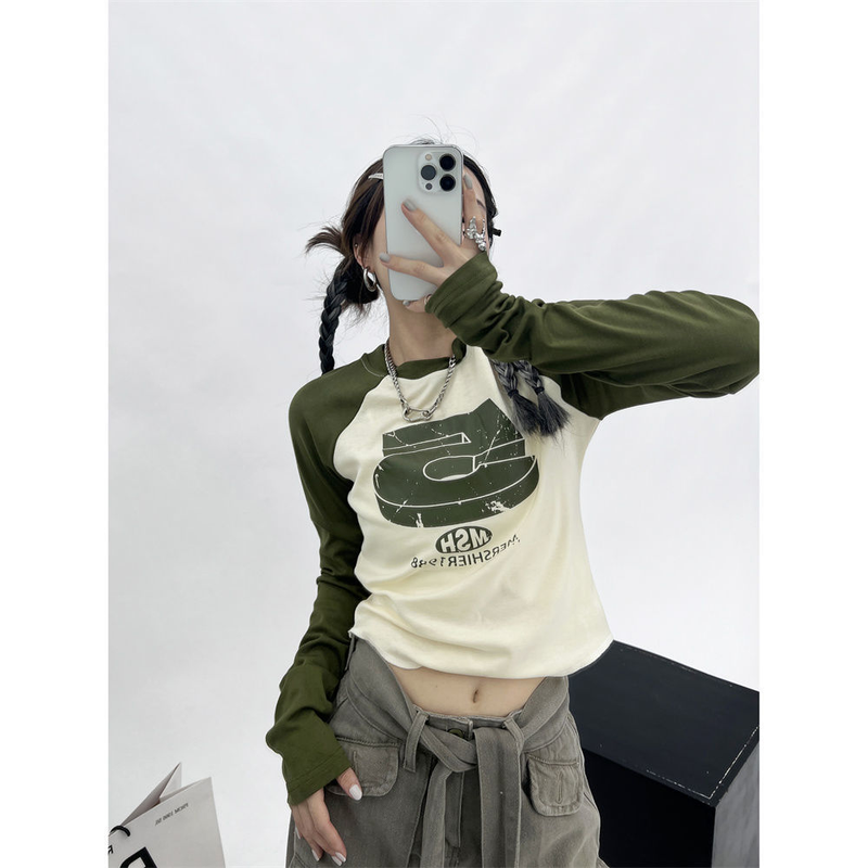HOUZHOU Vintage Y2K Patchwork Groene T-shirts Vrouwen Hippie Streetwear T-shirts met lange mouwen Vrouwelijke Kpop Retro Herfst Crop_voghion.com
